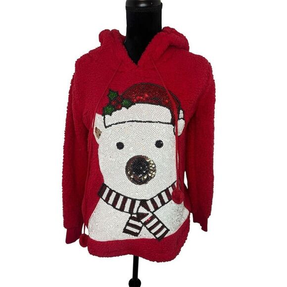 UGLY CHRISTMAS SWEATER HOODIE RED SHERPA SEQUIN HOLIDAY POLAR BEAR NWOT - Picture 1 of 5